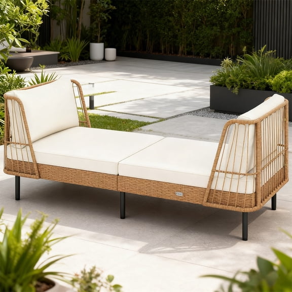 Patio Wicker Daybed Outdoor Boho Rattan Loveseat Sofa with 6 Sturdy Metal Legs Adjustable Foot Pads Seat and Back Cushions, Hand-Woven PE Rattan Two-Seat Bench for Patio Porch Poolside