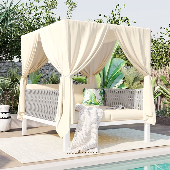 Patio Wicker Daybed Sunbed with Canopy, Outdoor Lounge Chaise with 4-side Curtains, Guardrails, Pillows and Padded Cusions, Patio Furniture Sets for Poolside Backyard Deck Beach