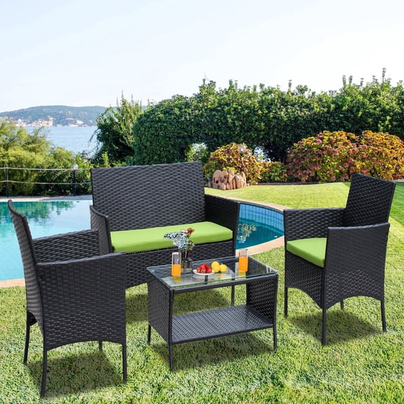 Patio Wicker Furniture Set, SYNGAR 4 Pieces Outdoor Cushioned Conversation Set with Storage Coffee Table, All Weather PE Rattan Sofa Set, Sectional Chairs Set for Yard, Poolside, Balcony, Green