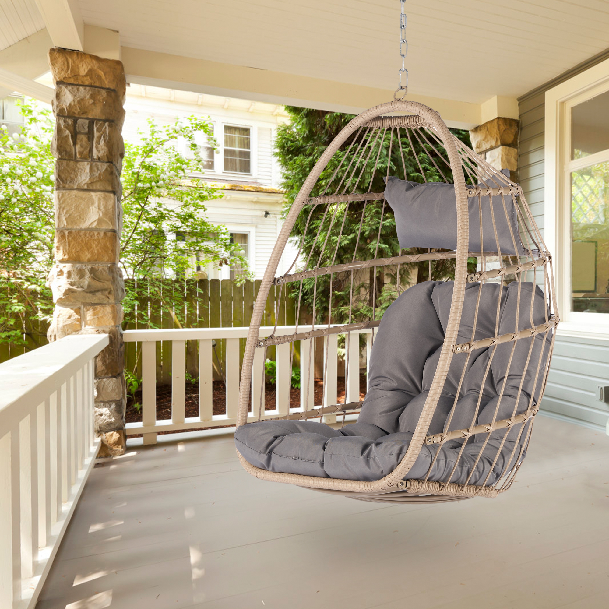 Patio Wicker Hanging Chair, Egg Chair Hammock Chair with UV Resistant Cushion and Pillow for Indoor Outdoor, Patio Backyard Balcony Lounge Rattan Swing Chair - image 1 of 6