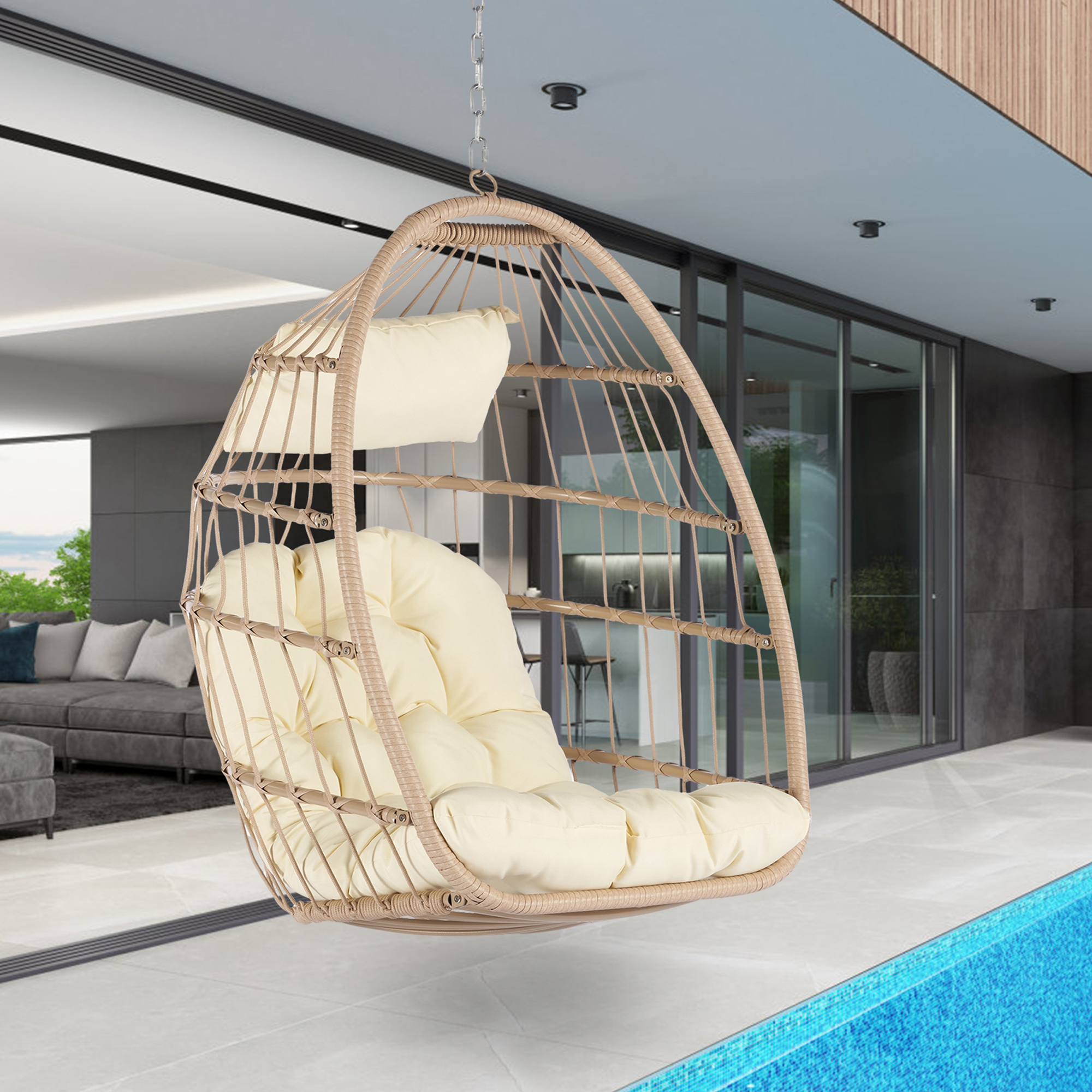 Patio Wicker Hanging Chair, Egg Chair Hammock Chair with UV Resistant Cushion and Pillow for Indoor Outdoor, Patio Backyard Balcony Lounge Rattan Swing Chair - image 1 of 7
