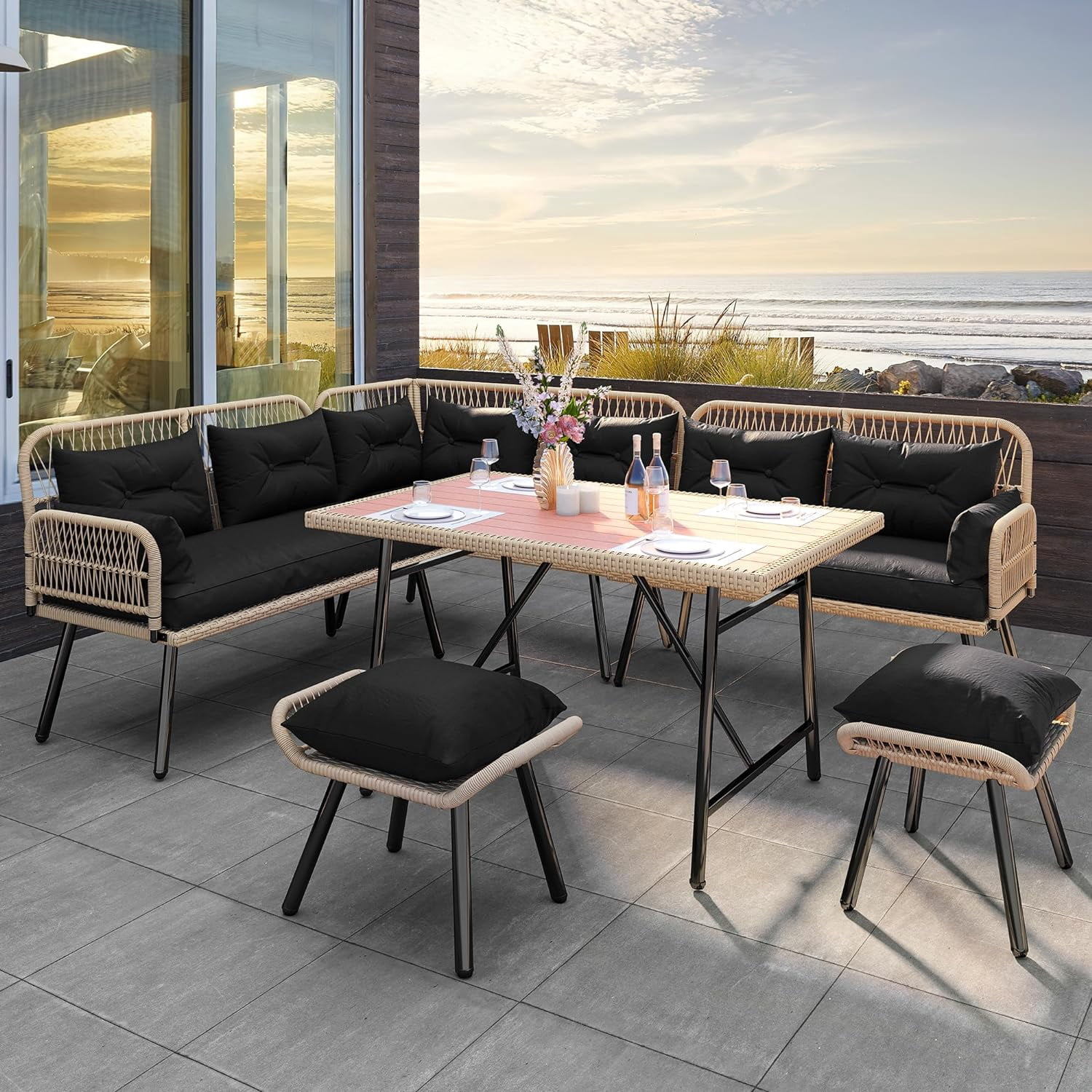 Patio Wicker L-Shaped Furniture Set, All-Weather Rattan Outdoor ...