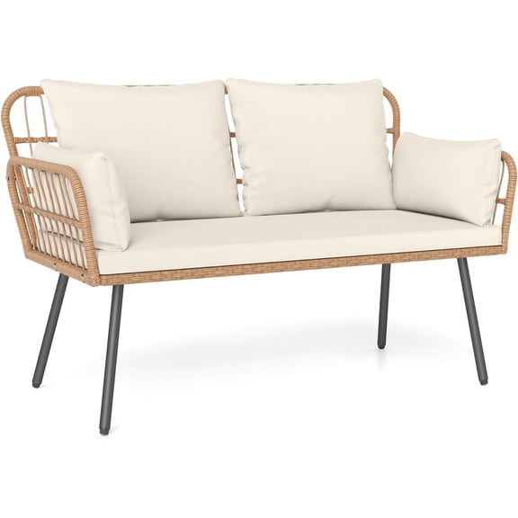 Patio Wicker Loveseat, Outdoor Rattan 2-Seat Cushioned Sofa with Heavy Duty Metal Frame, for Backyard,Porch,Poolside (Off White)