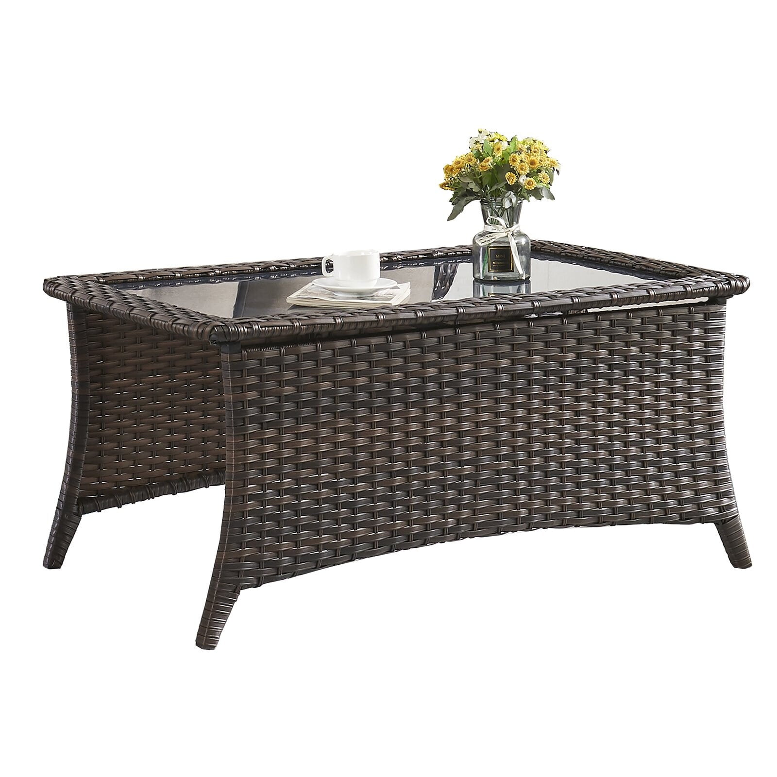 Espresso Brown Rectangular Wicker Rattan Coffee Table with Glass Top