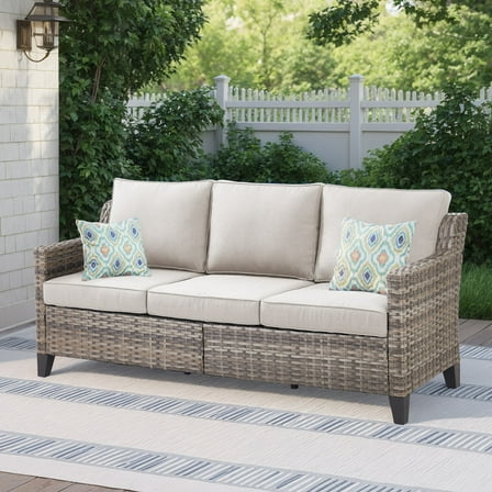 Patio Wicker Rattan Sofa Outdoor All-Weather 3-Seat Deep Seat Sofa Couch for Porch Balcony Garden, Beige Cushions