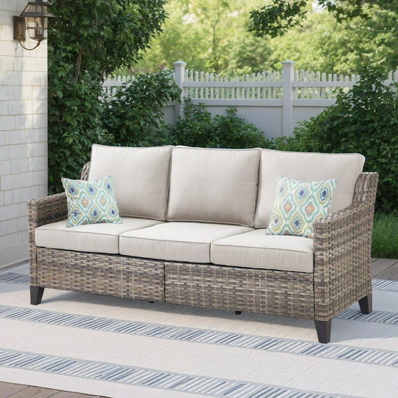Patio Wicker Rattan Sofa Outdoor All-Weather 3-Seat Deep Seat Sofa Couch for Porch Balcony Garden, Beige Cushions