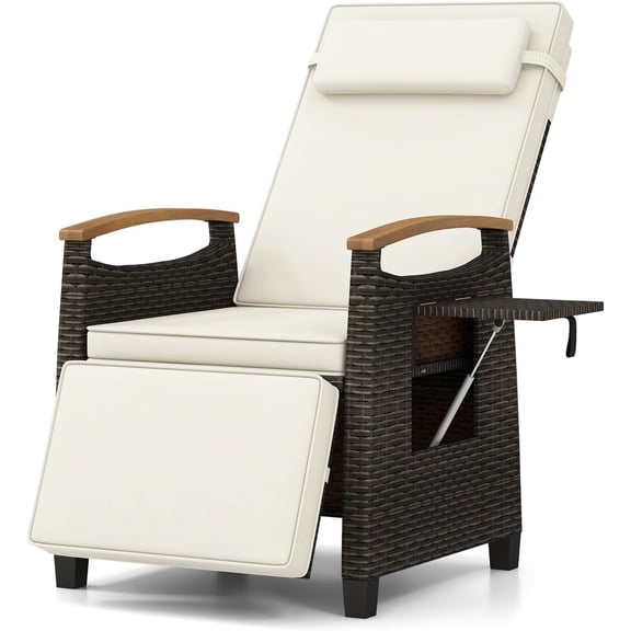 Patio Wicker Recliner Chair, Rattan Lounge Chair w/Adjustable Backrest & Footrest, Flip Side Table, Push Back Reclining Seat w/Cushion for Backyard, Porch, Lawn (1, Off White)