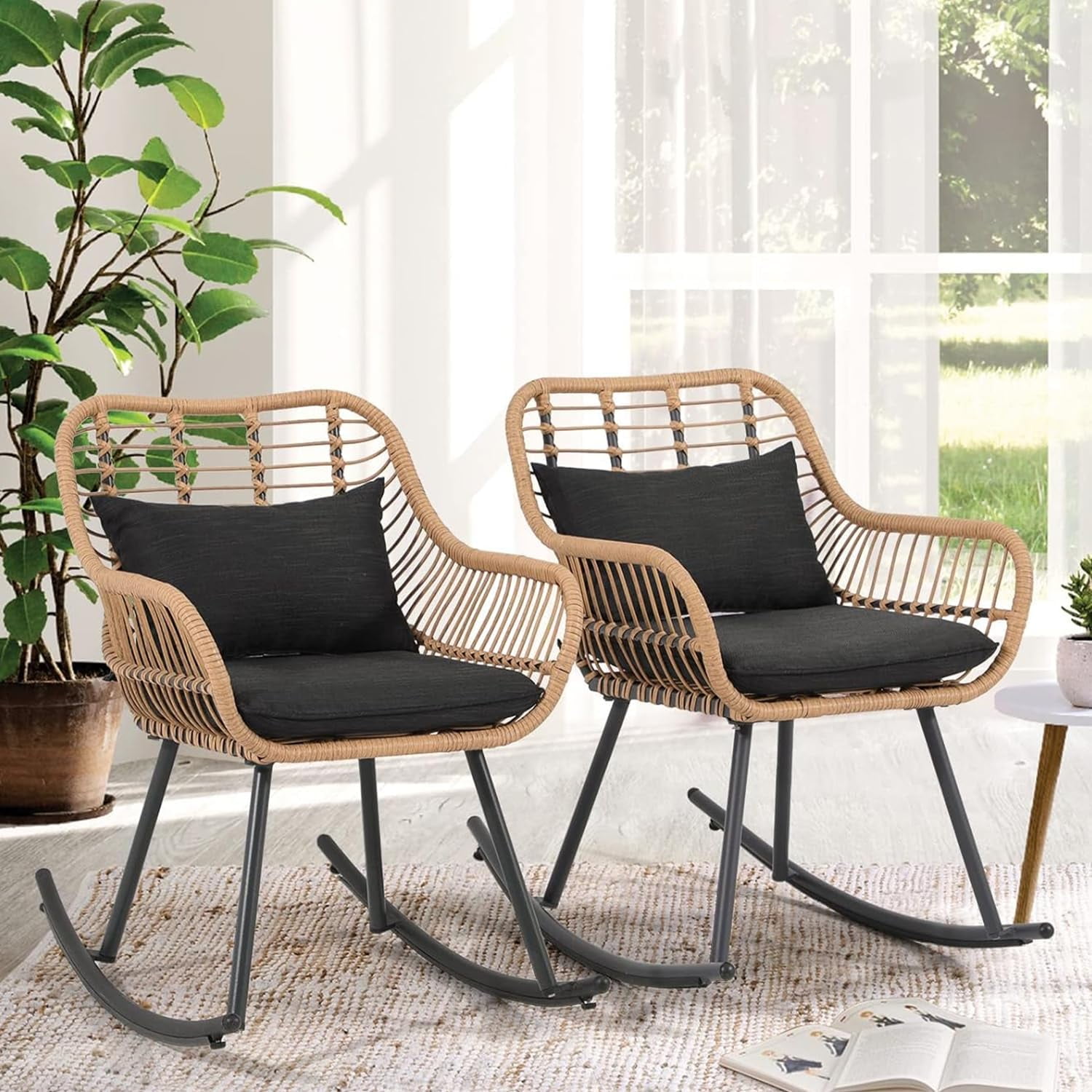 Patio Wicker Rocking Chairs Set of 2, Outdoor Rattan Rocking Chairs