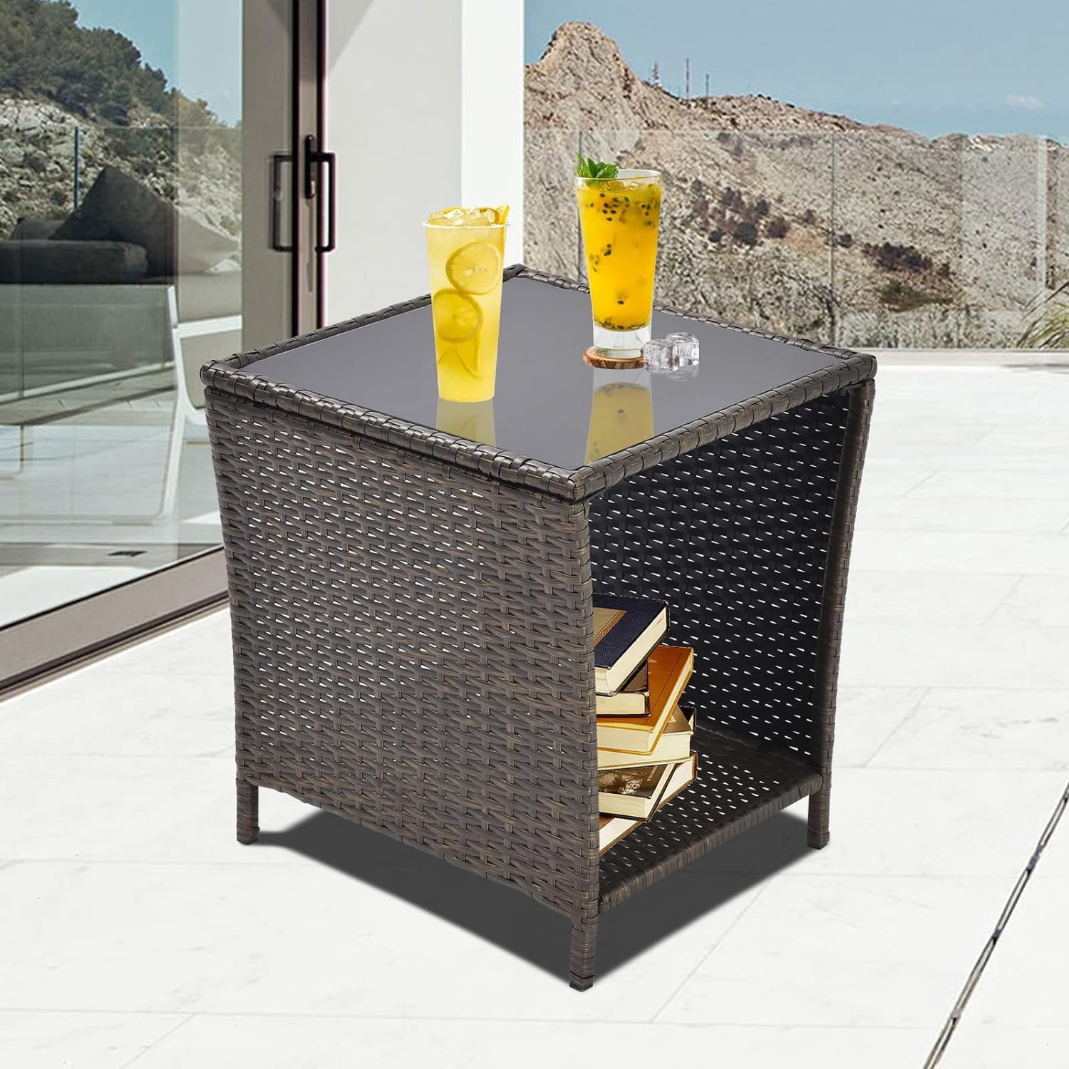 Outside Rattan Side Table Patio Wicker Storage Side Table,Outdoor PE Rattan Woven Coffee End ...