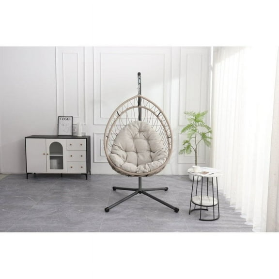 【LuckyNote】Patio Wicker Swing Egg-Shaped Chair Linen Gray Outdoor Hanging Chair with Stand Indoor Rocking Outdoor Hammock