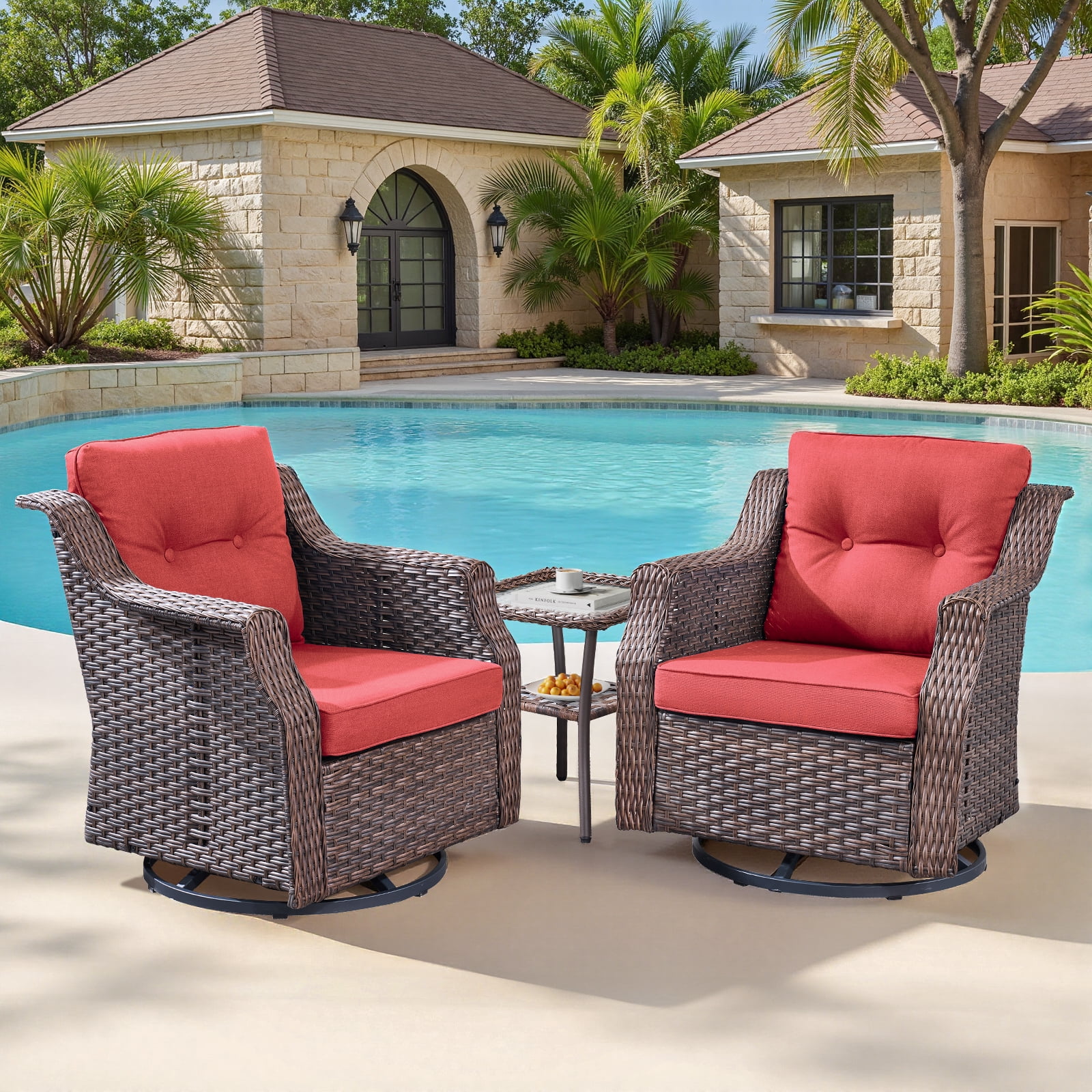 Red Wicker Swivel Rocker Patio Set with Glass Table