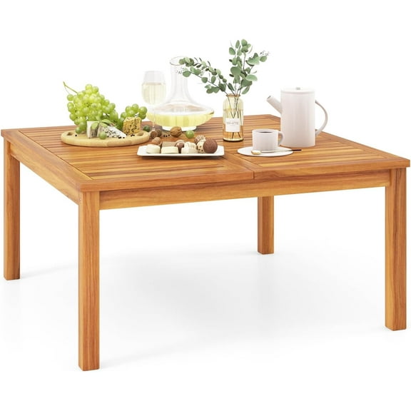 Patio Wood Coffee Table, Solid Acacia Wood 35.5 Inches Side Table with Slatted Tabletop, Outdoor Square Table for Backyard, Porch, Balcony