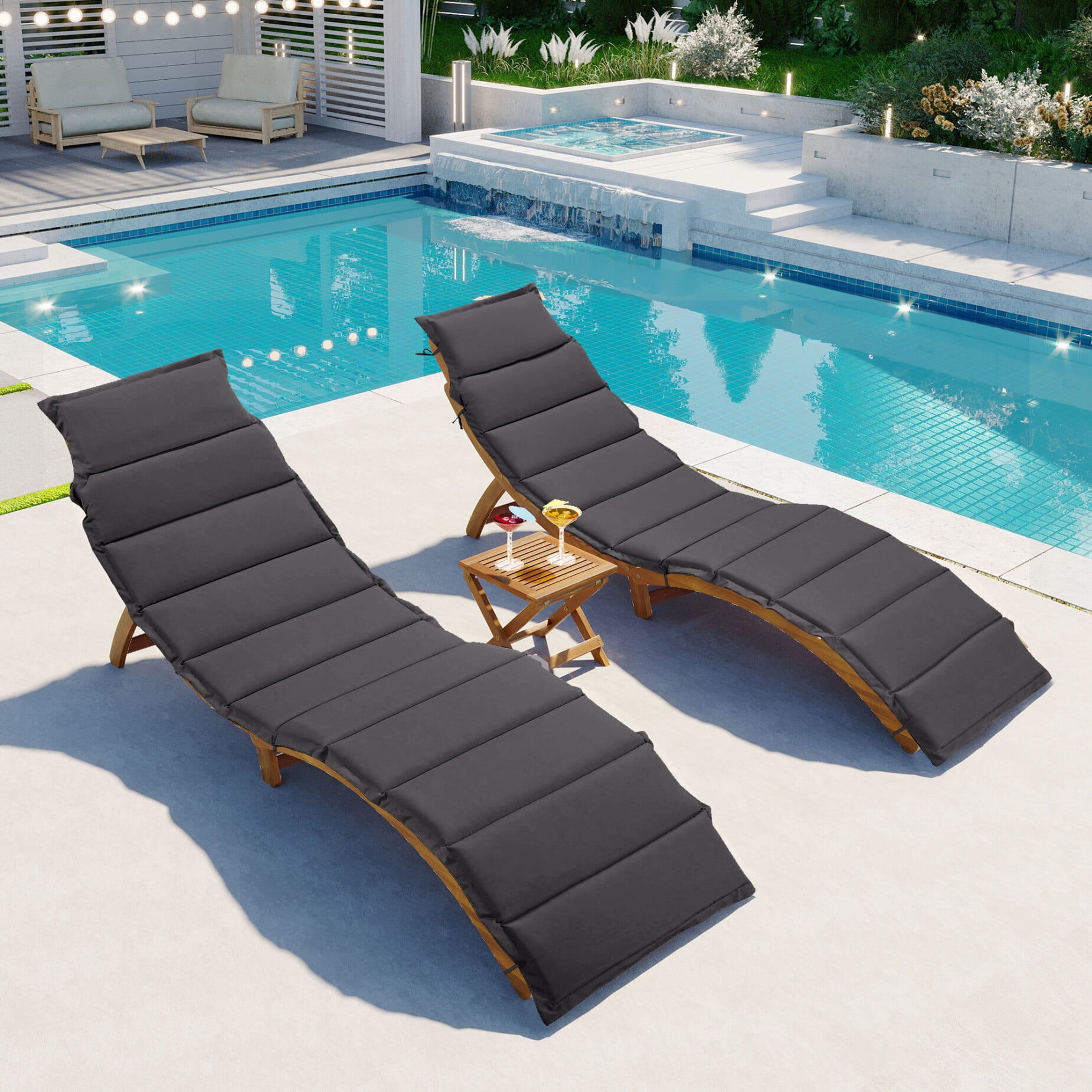 Patio Wood Portable Extended Chaise Lounge Set with Collapsible Tea