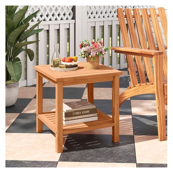 Patio Wood Side Table - Outdoor End Table with Slatted Design - 18x18x18 Inch - Natural Wood Finish - 2 Tier Storage - Garden Balcony Decor