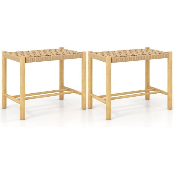 Patio Wooden Dining Stools Set of 2, 22-inch Wide Rustic Backless Saddle Stools with Rubber Wood Frame and Woven Paper Seat, 18-inch Height Outdoor/Indoor Counter Stools for Backyard Kitchen