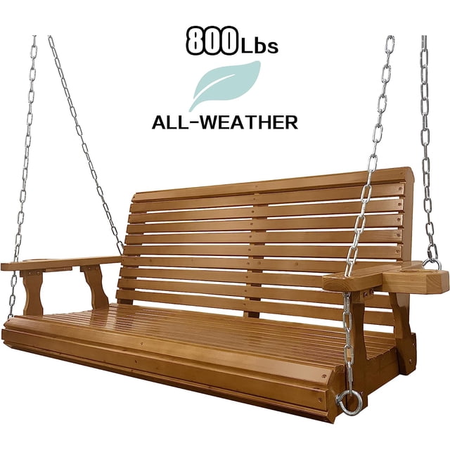 Patio Wooden Porch Swing 2 Seater with Cupholders, 800 lbs Bench Swing