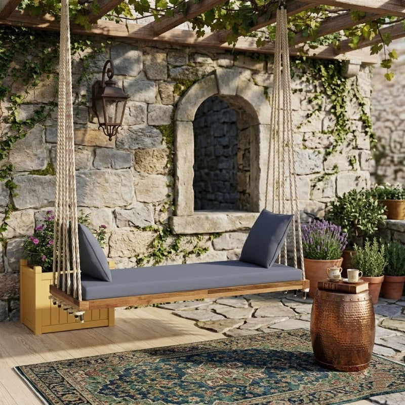Patio Wooden Swing Chair, 2-Seat Hanging Porch Hammock Bench with Cushion & Pillows, Outdoor Swing Bench with 10.8Ft Hemp Ropes for Garden, Backyard, Lawn