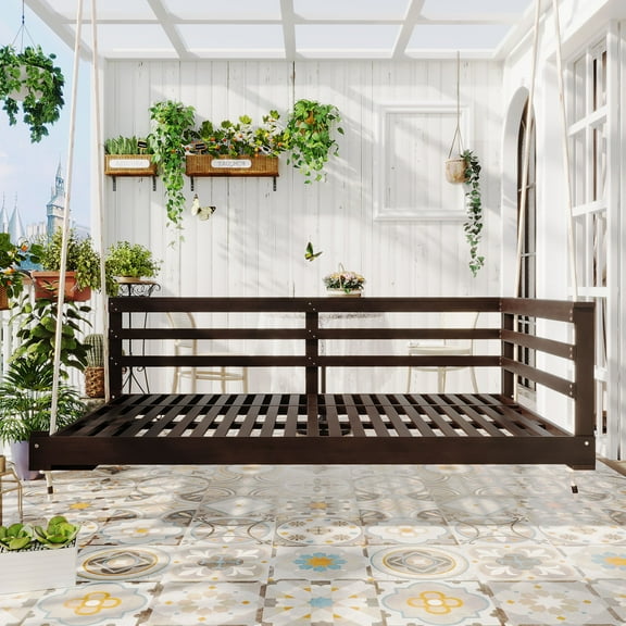 Patio Wooden Twin Size Swing Daybed Porch Swing Frame with 4pcs 96-inch Hemp Ropes for Backyard, Garden, Brown