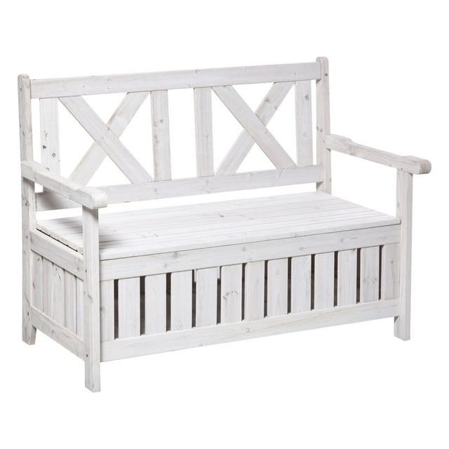 Patio Wooden with Storage Box, 29 Gallon Outdoor Storage , Large Entryway Deck Box w/ X-Shape Back, for Deck, Porch & Balcony, White