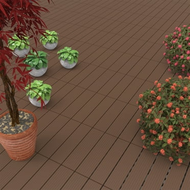 Patio and Deck Tiles – Interlocking Slat Pattern by Pure Garden (Brown 24 Pieces)