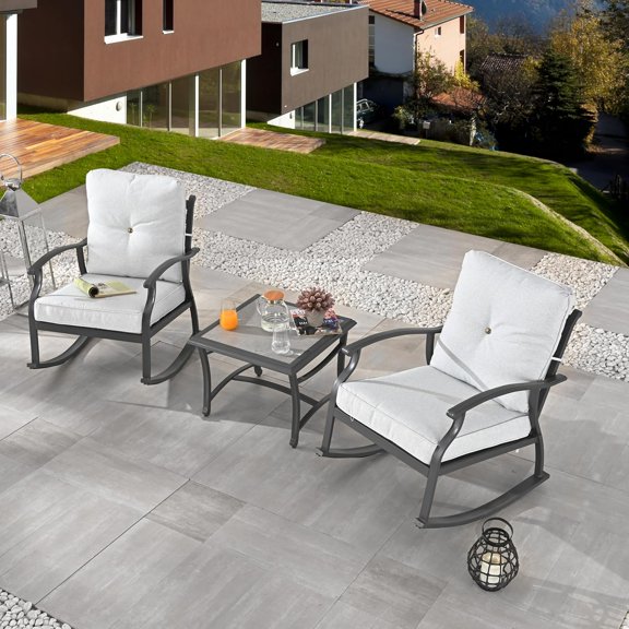 PatioFestival 3 Piece Patio Porch Furniture Set, Rocking Chairs Set with Cushions of 2 and Coffee Side Table, All Weather Frame for Garden, Pool, Backyard (White)
