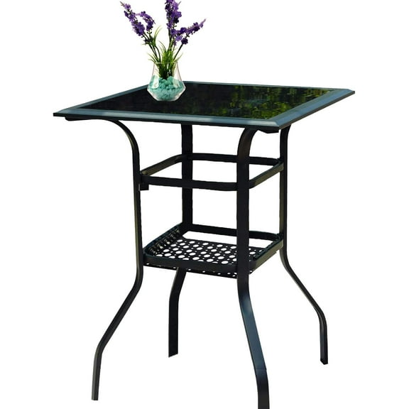 PatioFestival Outdoor Bistro Bar Table,Patio Metal Steel Slat Dining Side Table 2-Tier Tempered Glass Top with Storage (1 Table)
