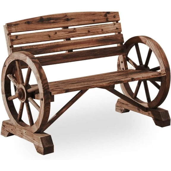 PatioFestival Outdoor Wooden Patio Porch Wagon Wheel Design Rustic for Garden,Porch,Yard(45" Lx21 Wx32 H)