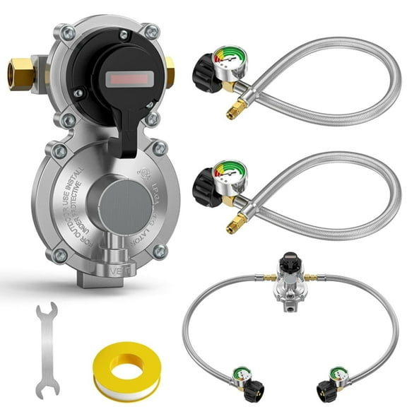 PatioGem 2-Stage Automatic Changeover LP Propane Gas Regulator with Two 18" RV Pigtail Propane Hoses with Gauge, Stainless Braided QCC1 1/4" Inverted Male Flare