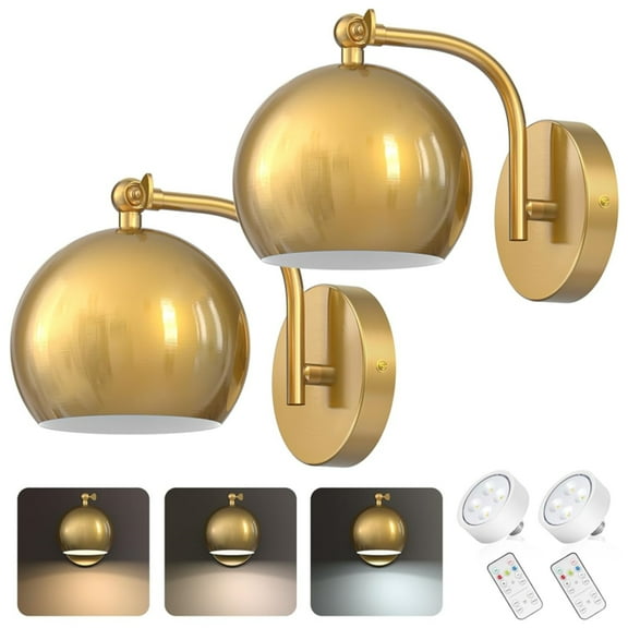 PatioGem Modern Dimmable 2-Light LED Gold Cafeteria, Bedroom Battery Operated Wall Sconces (2 Count)