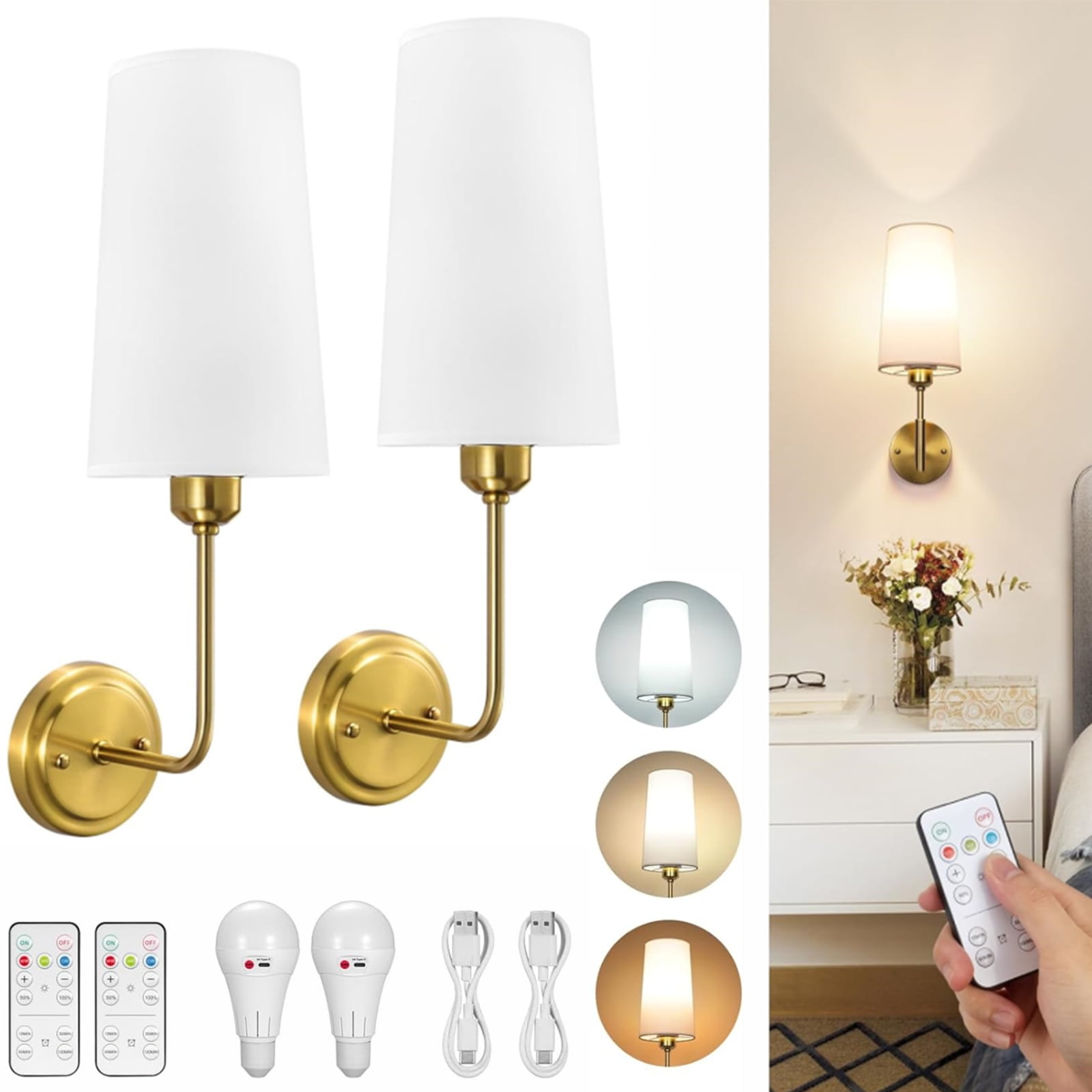 PatioGem Dimmable 2-Light LED Antique Brass Bedroom, Living Room Battery Operated Wall Sconces (2 Count)