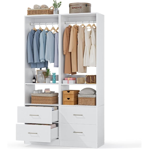 PatioPerk 11 Ft Expandable Closet System, 6.7 Ft High Wood Closet Organizer with 4 Drawers & 2 Hanging Rods, Modular Wardrobe Storage Rack with Adjustable Shelves for Walk-in Bedroom, White