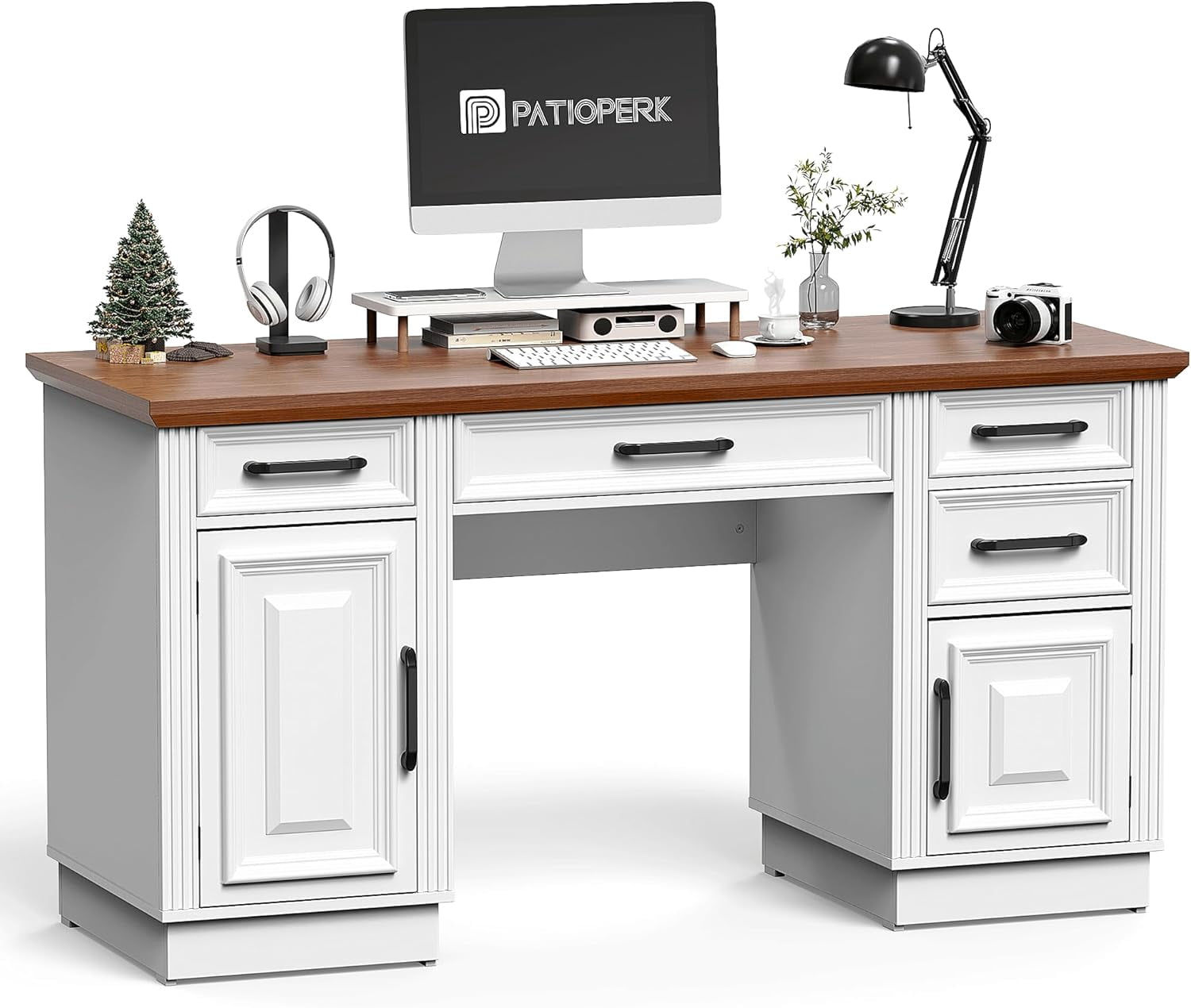 PatioPerk 58" Farmhouse Executive Desk, Wood Home Office Desk with Drawers, Computer Desk with Drawers and Storage Cabinet, Workstation for Office Home, Ivory White