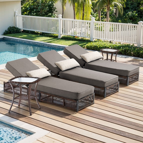 Patiobula 5 Pieces Outdoor Chaise Lounge Chair Set, Wicker Reclining Chair with Side Table,5-Position Backrest, 5" Thick Cushions and Lumbar Support for Patio or Poolside, Brown/Gray