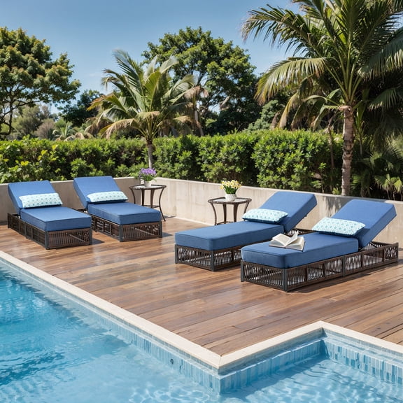 Patiobula 6 Pieces Outdoor Chaise Lounge Chair Set, Wicker Reclining Chair with Side Table,5-Position Backrest, 5" Thick Cushions and Lumbar Support for Patio or Poolside, Brown/Navy