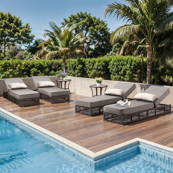Patiobula 6 Pieces Outdoor Chaise Lounge Chair Set, Wicker Reclining Chair with Side Table,5-Position Backrest, 5" Thick Cushions and Lumbar Support for Patio or Poolside, Brown/Gray