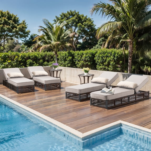 Patiobula 6 Pieces Outdoor Chaise Lounge Chair Set, Wicker Reclining Chair with Side Table,5-Position Backrest, 5" Thick Cushions and Lumbar Support for Patio or Poolside, Brown/Beige