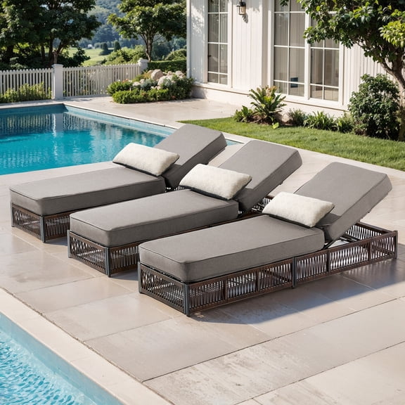 Patiobula Outdoor Chaise Lounge Chair Set of 3, Wicker Reclining Chair with Steel Frame, 5-Position Backrest, 5" Thick Cushions and Lumbar Support for Patio or Poolside, Brown/Gray