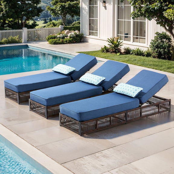 Patiobula Outdoor Chaise Lounge Chair Set of 3, Wicker Reclining Chair with Steel Frame, 5-Position Backrest, 5" Thick Cushions and Lumbar Support for Patio or Poolside, Brown/Navy