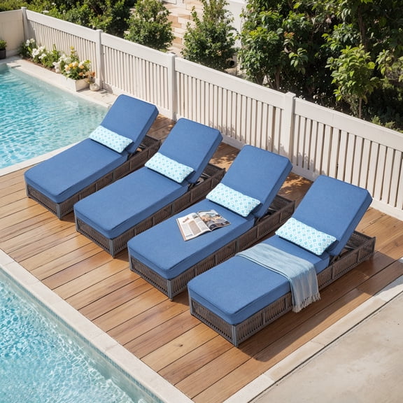 Patiobula Outdoor Chaise Lounge Chair Set of 4, Wicker Reclining Chair with Steel Frame, 5-Position Backrest, 5" Thick Cushions and Lumbar Support for Patio or Poolside, Brown/Navy
