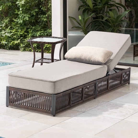 Patiobula Outdoor Chaise Lounge Chair Set, Wicker Reclining Chair with Side Table,5-Position Backrest, 5" Thick Cushions and Lumbar Support for Patio or Poolside, Brown/Beige