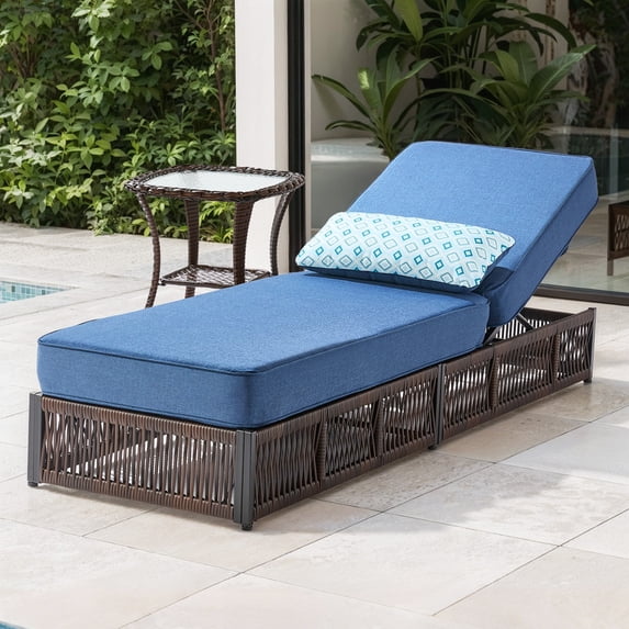 Patiobula Outdoor Chaise Lounge Chair Set, Wicker Reclining Chair with Side Table,5-Position Backrest, 5" Thick Cushions and Lumbar Support for Patio or Poolside, Brown/Navy