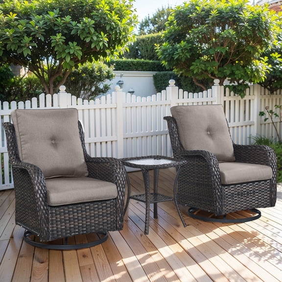 Patiobula Outdoor Conversation Set,3-Piece Patio Wicker Swivel Rocker Chairs Set with Side Table,All-Weather Rattan Swivel Glider Chairs with Removable Cushions for Porch, Backyard,Brown/Gray