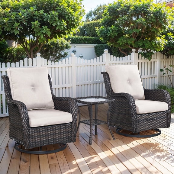 Patiobula Outdoor Conversation Set,3-Piece Patio Wicker Swivel Rocker Chairs Set with Side Table,All-Weather Rattan Swivel Glider Chairs with Removable Cushions for Porch, Backyard,Brown/Beige