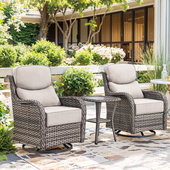 Patiobula Outdoor High Back Conversation Set,3-Piece Patio Wicker Swivel Glider Chairs Set with Side Table,All-Weather Rattan Chairs with 6-Inch Thick Removable Cushions for Porch, Pool,Gray/Beige