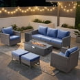 thumbnail image 1 of Patiobula Outdoor Oversized Patio Furniture Set with Fire Pit Table, All-Weather Wicker Sectional Swivel Rocker Chairs Sets,Luxury 7-Seat Conversation Set for Porch, Balcony, Deck, Brown/Navy, 1 of 12