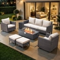 thumbnail image 1 of Patiobula Outdoor Oversized Patio Furniture Set with Fire Pit Table, All-Weather Wicker Sectional Swivel Rocker Chairs Sets,Luxury 7-Seat Conversation Set for Porch, Balcony, Deck, Brown/Beige, 1 of 12
