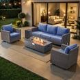 thumbnail image 1 of Patiobula Outdoor Oversized Patio Furniture Set with Fire Pit Table, All-Weather Wicker Sectional Swivel Rocker Chairs Sets,Luxury Conversation Set for Porch, Balcony, Deck, Brown/Navy, 1 of 12