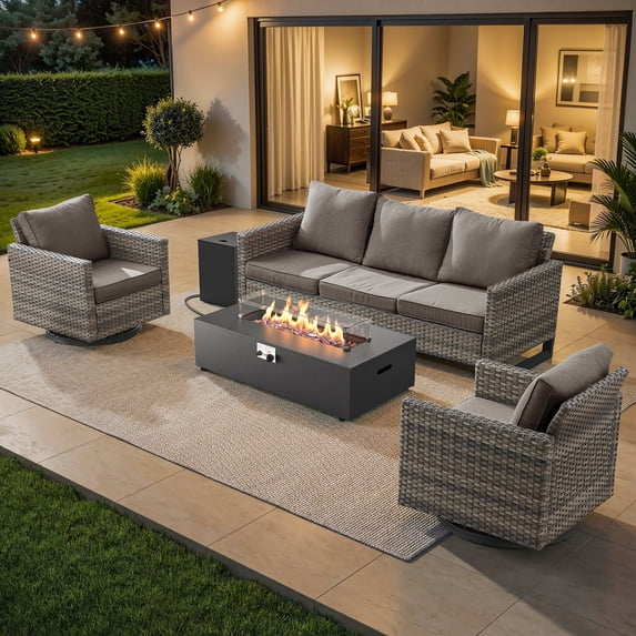Patiobula Outdoor Oversized Patio Furniture Set with Fire Pit Table, All-Weather Wicker Sectional Swivel Rocker Chairs Sets,Luxury Conversation Set for Porch, Balcony, Deck, Gray/Gray