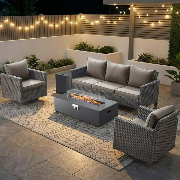 Patiobula Outdoor Oversized Patio Furniture Set with Fire Pit Table, All-Weather Wicker Sectional Swivel Rocker Chairs Sets,Luxury Conversation Set for Porch, Balcony, Deck, Brown/Gray