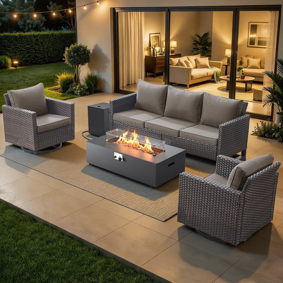 Patiobula Outdoor Oversized Patio Furniture Set with Fire Pit Table, All-Weather Wicker Sectional Swivel Rocker Chairs Sets,Luxury Conversation Set for Porch, Balcony, Deck, Brown/Gray